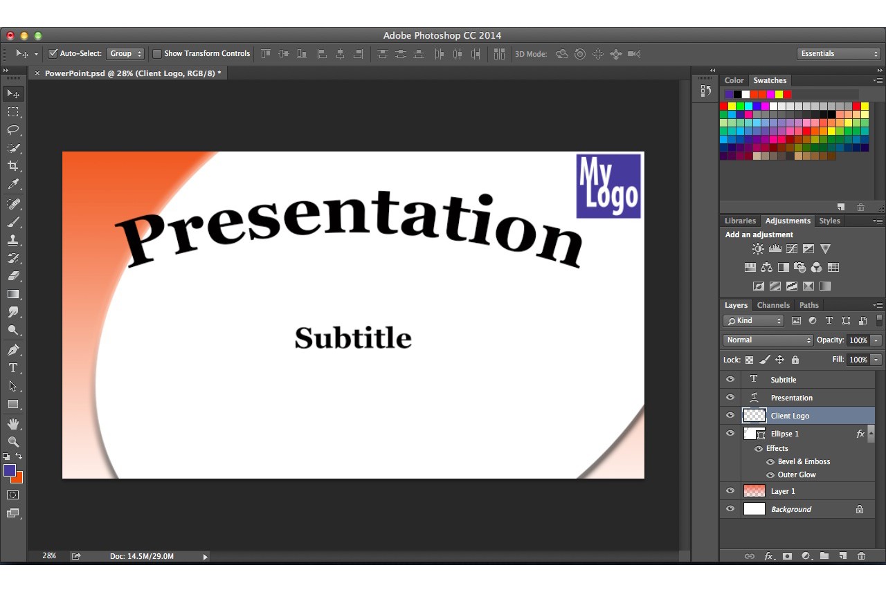 Utilisez PowerPoint's 16:9 aspect ratio when designing slides in Photoshop.