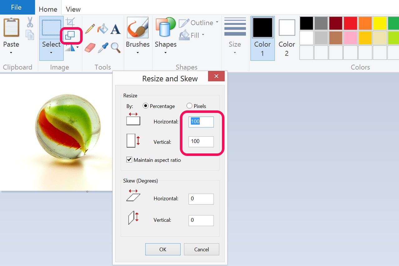 Réduire la taille de l'image dans Microsoft Paint.