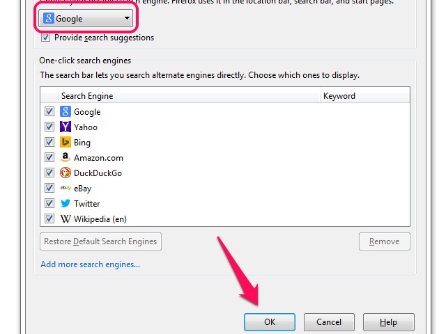 Désélectionner Fournir les suggestions de recherche pour empêcher Firefox de plus afficher les suggestions que vous tapez des mots clés dans la barre de recherche.