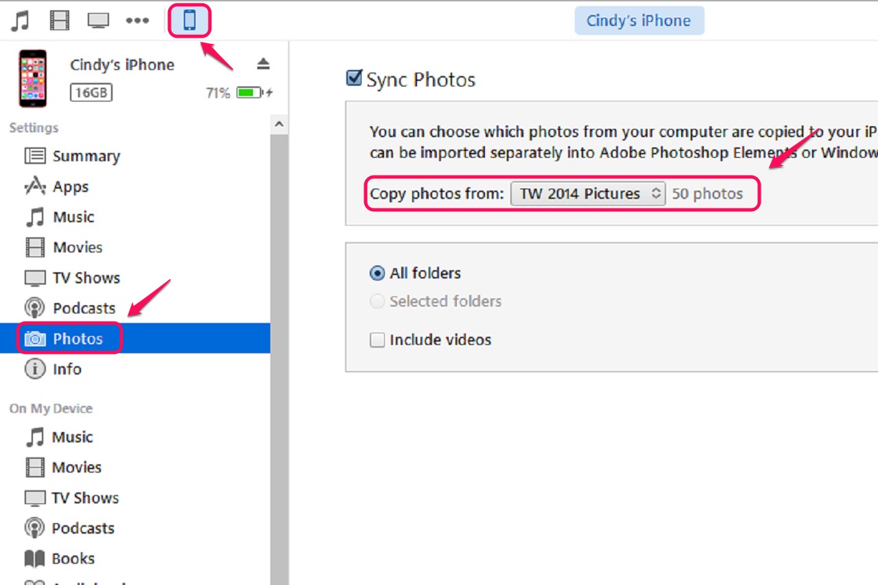 Vérifiez les paramètres de synchronisation iTunes photo pour les dossiers à être synchronisés à partir de votre PC.