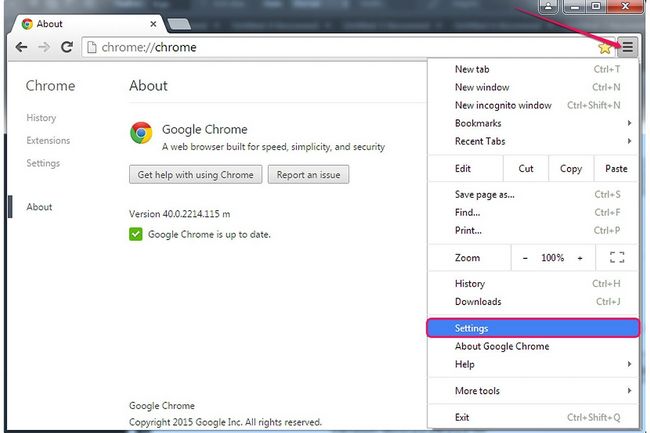 Le menu Chrome et l'option Paramètres.