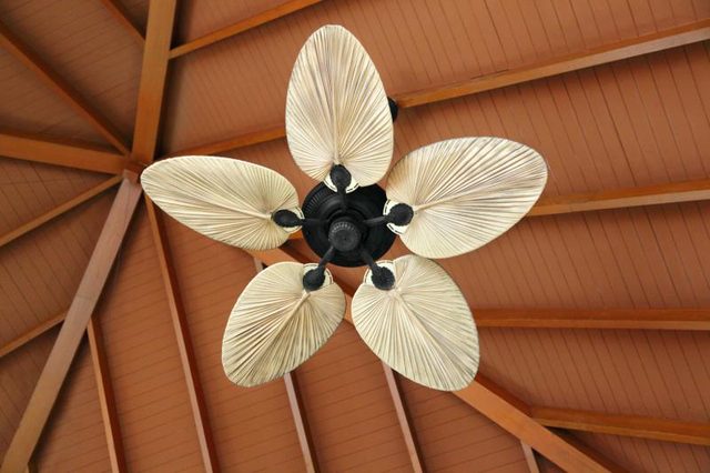 Un ventilateur de plafond suspendu à un pic en bois.