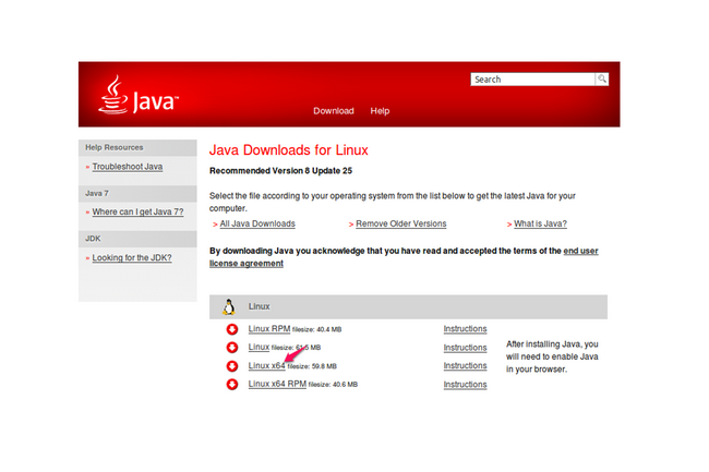 Choisissez une version Java.