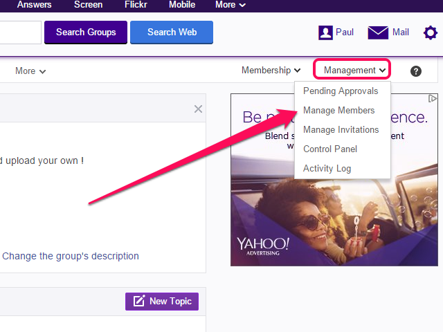 Yahoo Groupes affiche uniquement le menu de gestion aux administrateurs et modérateurs.