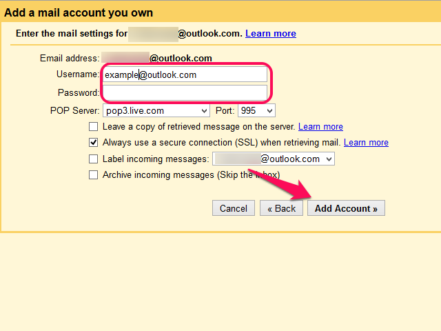 Gmail remplit automatiquement les champs Port et serveur avec les paramètres corrects pour Outlook.com.