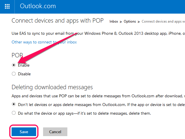 Sélectionnez Don't Let Devices or Apps... if you do not want Gmail to delete mail from your Outlook.com account.