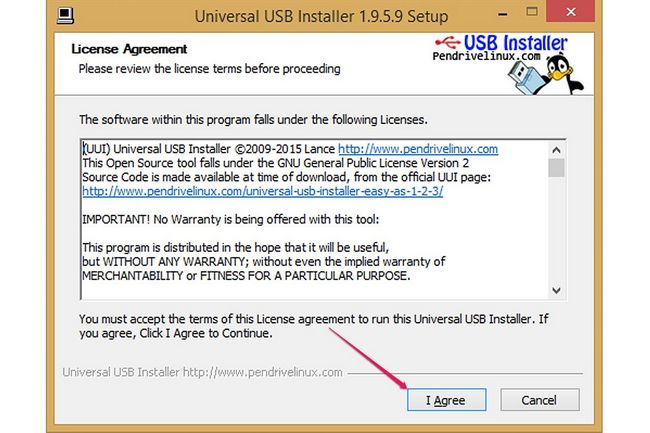 Bouton dans Universal USB Installer I Agree.