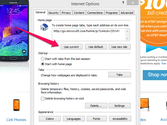 Sélection Use Default réinitialise votre page d'accueil pour Internet Explorer's default home page -- MSN.