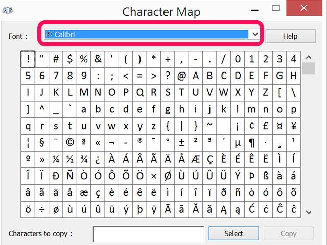 Sélectionnez la police're using in Word in the Character Map Font menu.
