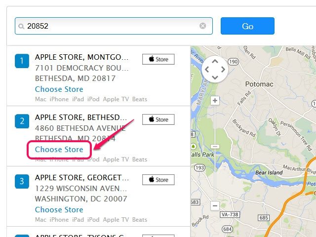 Utilisez la carte's navigation controls to view each Apple Store's location.