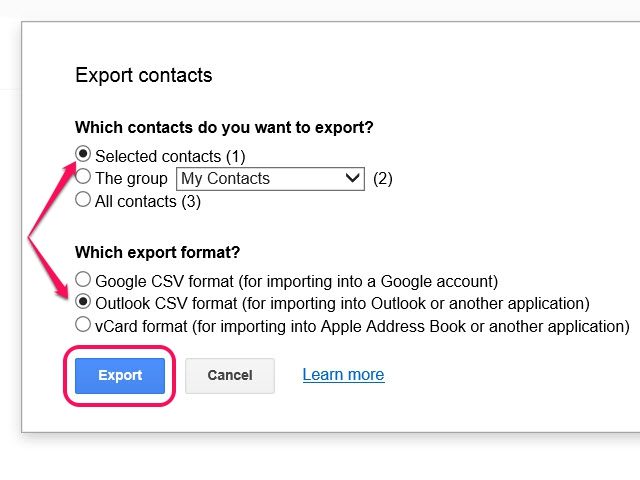 Chaque option dans les Quels contacts avez-vous souhaitez exporter section affiche le nombre de contacts à exporter.