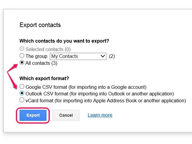 L'option de contacts sélectionnés ne sont pas accessibles si vous ne sélectionnez pas individuellement contacts à exporter.
