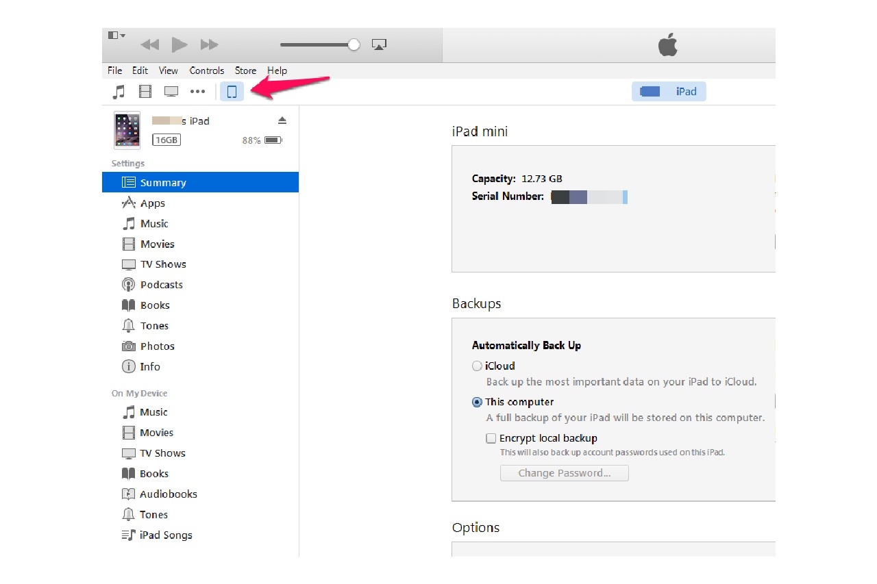 Cliquez sur l'icône iPad quand il apparaît dans iTunes.