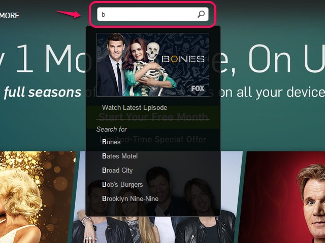 Lorsque vous tapez, Hulu offre des suggestions.